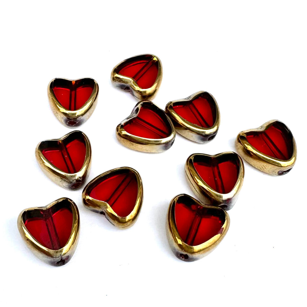Brass Edge Plated Red Glass Heart - 10 Pack