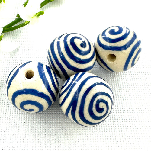 14mm Ivory with Blue Spirals Ceramic Bead