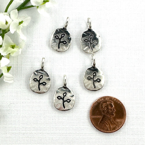 Antique Silver Oval with Leaves 12x19.5mm Charm – 5 Pieces