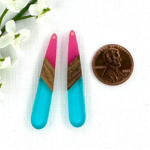 Pink and Aqua Resin with Walnut Wood 44x7.5mm Teardrop Pendant - 2 Pieces