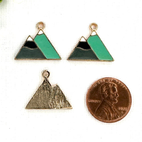 Grey and Turquoise Mountain 17x20mm Enameled Gold Charm - 3 Pieces