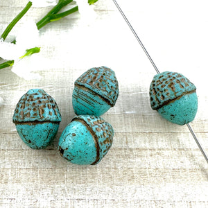 10x12mm Acorn Sea Green with Matte Finish and Gold Wash - 4 beads