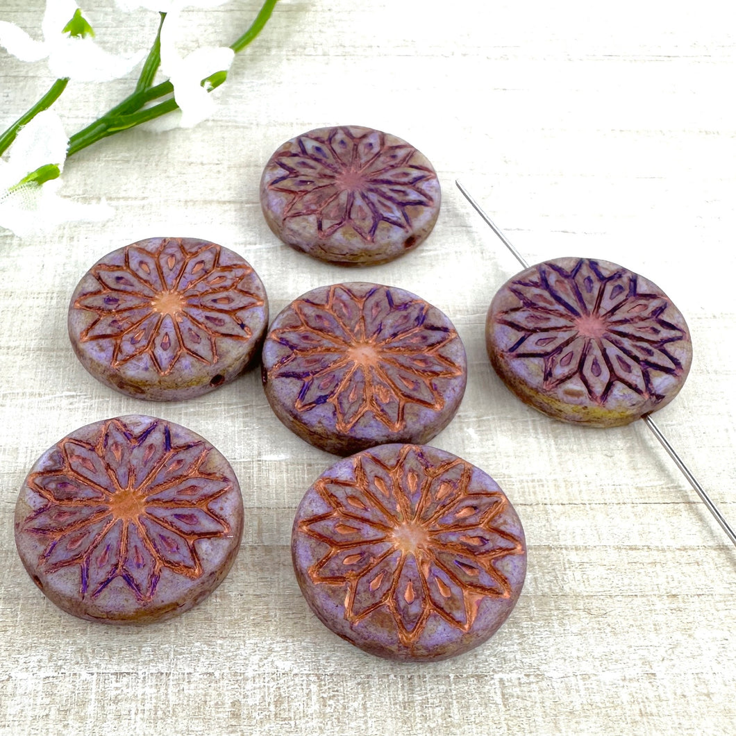 Lavender with Copper and Metallic Purple Wash 18mm Origami Flower - 6 beads