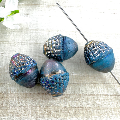 10x12mm Acorn Sky Blue with Matte, Gold, and AB Finishes - 4 beads