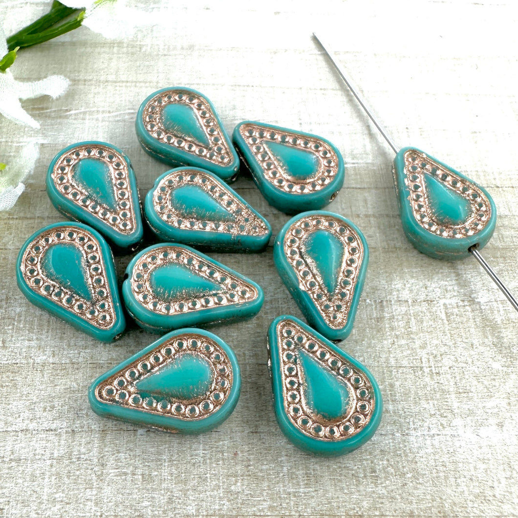 Opaque Dark Turquoise with Copper Wash 14x10mm Filigree Teardrop - 10 beads