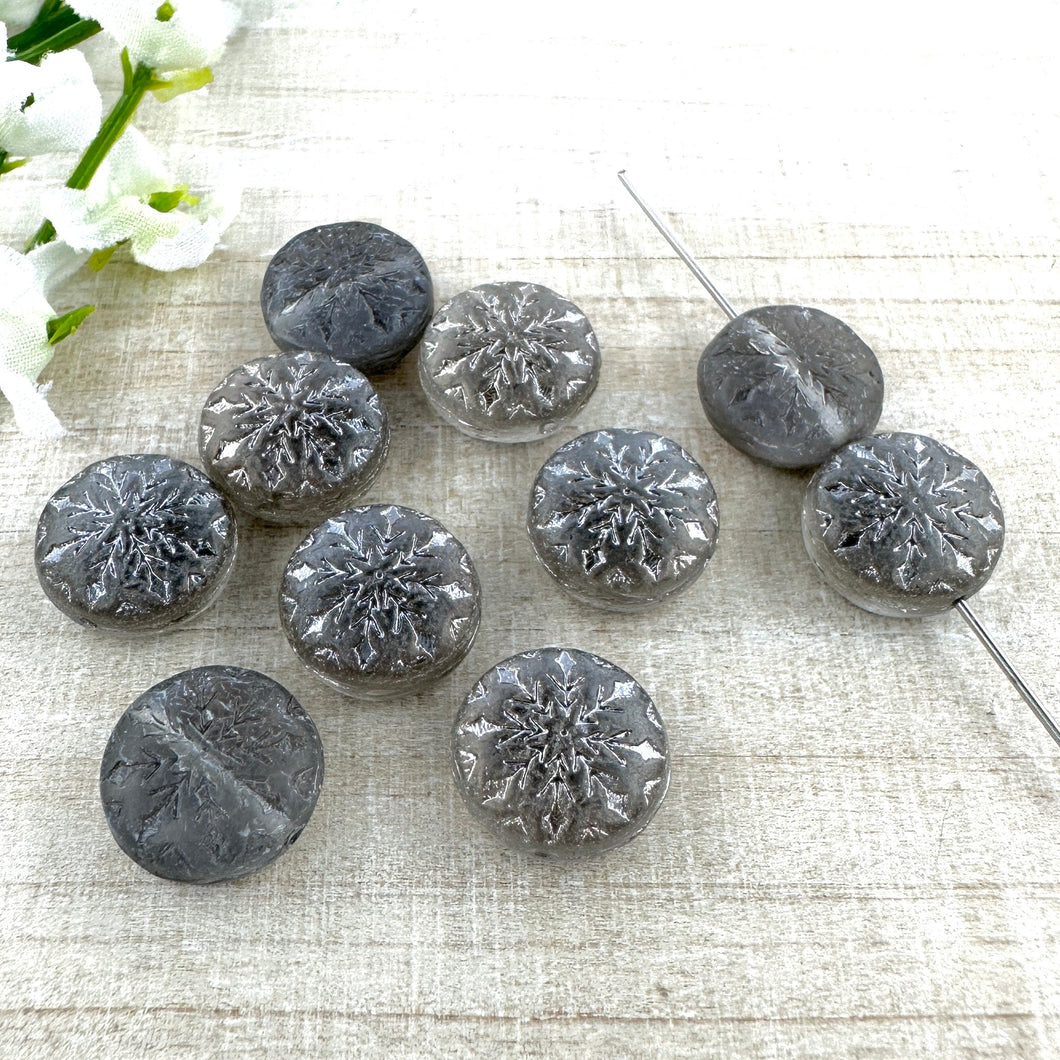 Grey with Dark Silver 11mm Snowflake - 10 beads