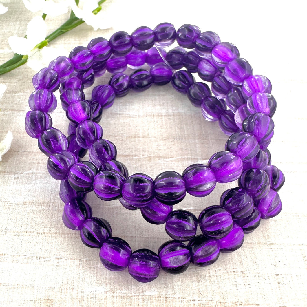 6mm Large Hole Melon Purple Pansy with Purple Wash