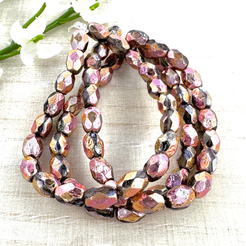 7x5mm Faceted Oval Copper with Etched and Pink Finishes