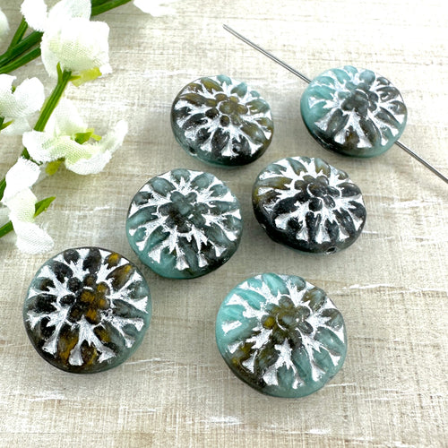 14mm Dahlia Turquoise and Brown with Silver Wash