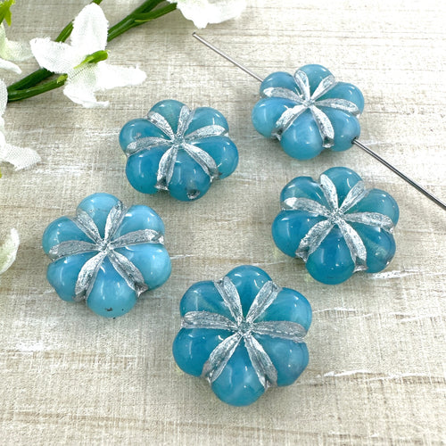 15mm Puffed Daisy Sky Blue Opal with Silver Wash