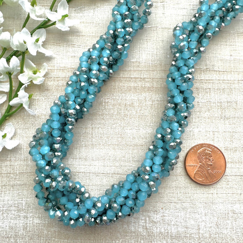 Light Blue Opal with Half Silver Plating 4x3mm Faceted Glass