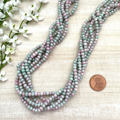 Rosy Pink and Green Mottled 4x3mm Faceted Glass