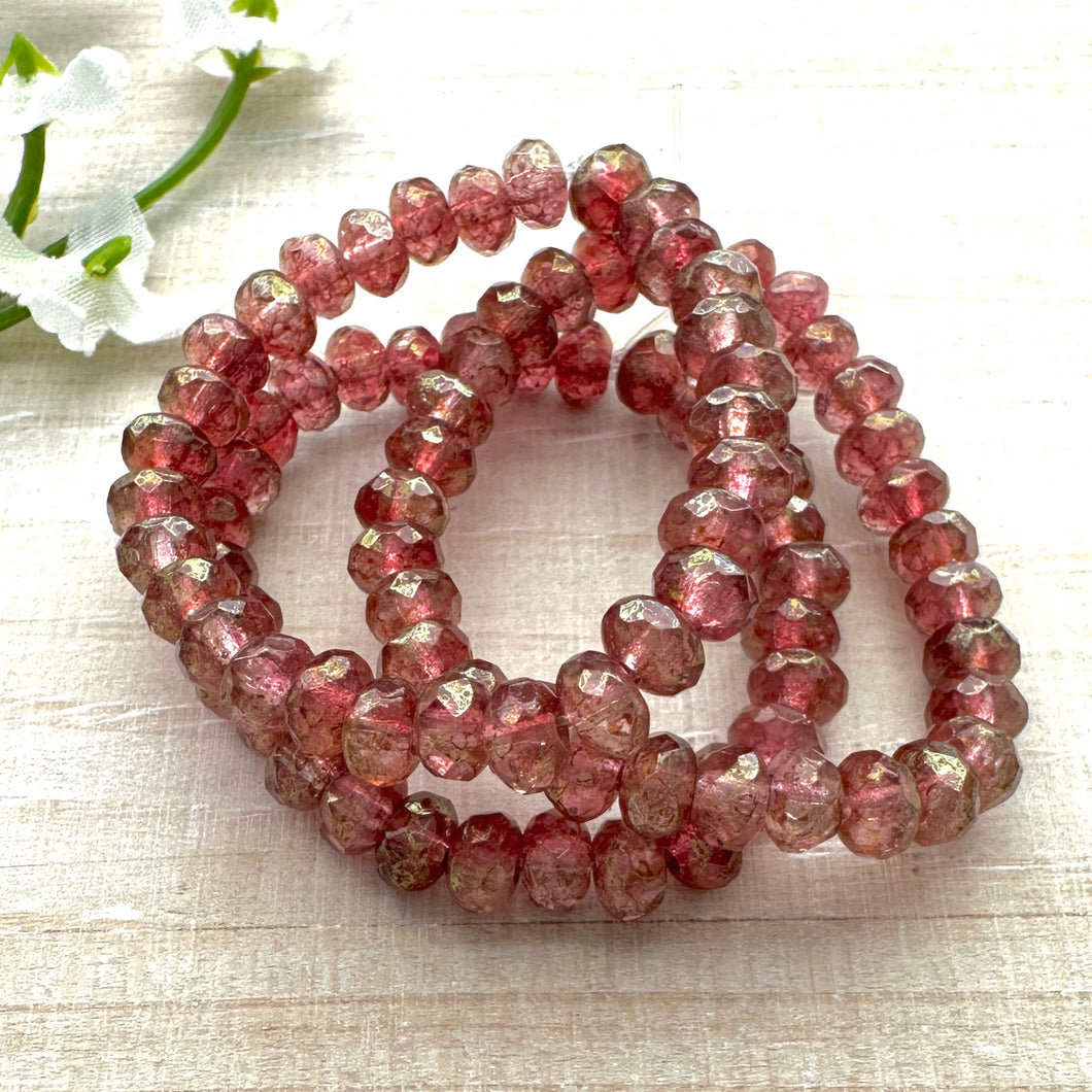 3x5mm Rondelle Medium Pink and Crystal Mix with Gold Luster Finish