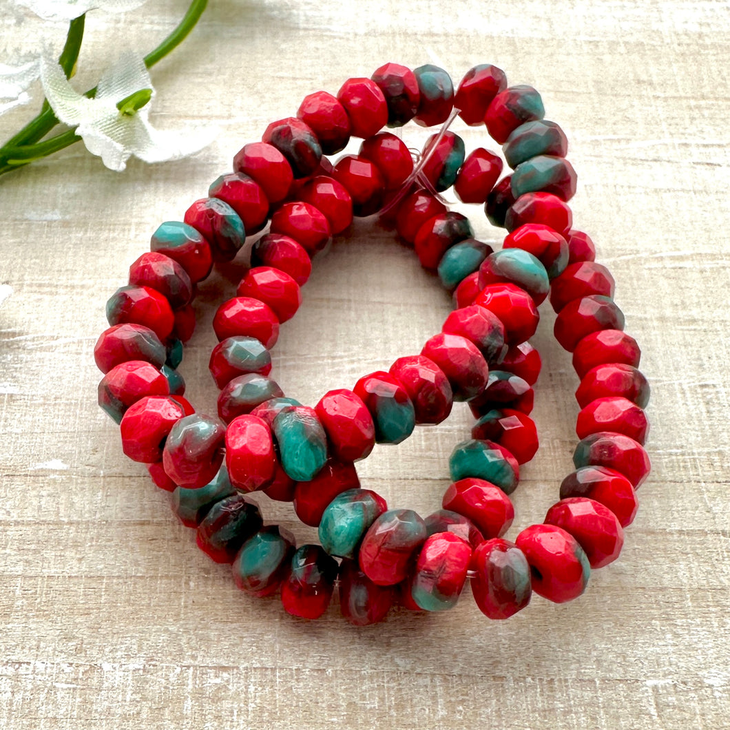 3x5mm Rondelle Opaque Red Coral and Turquoise Mix 