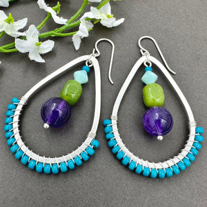 Teal Wire Wrapped Teardrop Earring with Amethyst and Jade