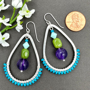 Teal Wire Wrapped Teardrop Earring with Amethyst and Jade