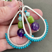 Load image into Gallery viewer, Teal Wire Wrapped Teardrop Earring with Amethyst and Jade

