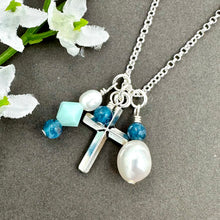 Load image into Gallery viewer, Cross Cluster Necklace with Apatite and Pearls
