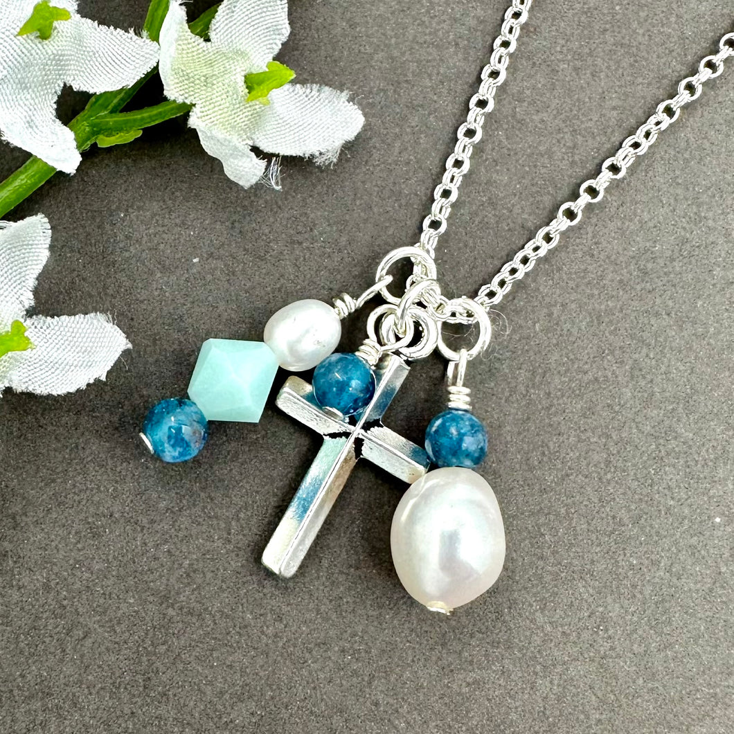Cross Cluster Necklace with Apatite and Pearls