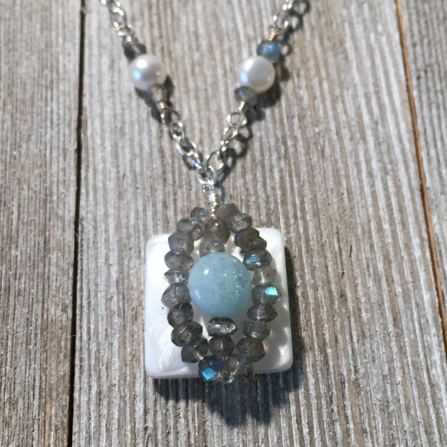 Mother of Pearl, Aquamarine, and Labordorite Necklace