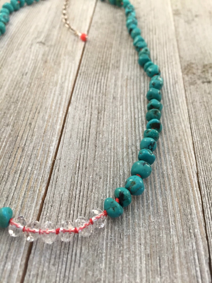 Hand Knotted Natural Turquoise Necklace with Swarovski Crystals