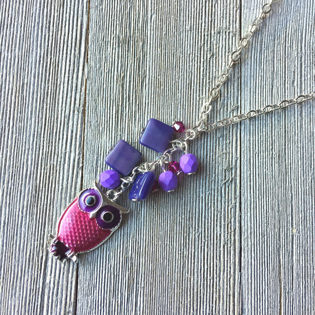 Pink and Purple Long Owl Necklace / Enameled Owl Charm / Czech Glass / Swarovski Crystals