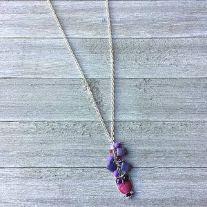 Pink and Purple Long Owl Necklace / Enameled Owl Charm / Czech Glass / Swarovski Crystals