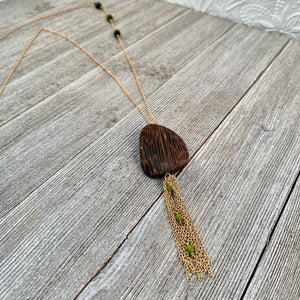 Wood and Green Long Necklace on Gold Chain