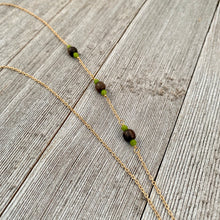 Load image into Gallery viewer, Wood and Green Long Necklace on Gold Chain
