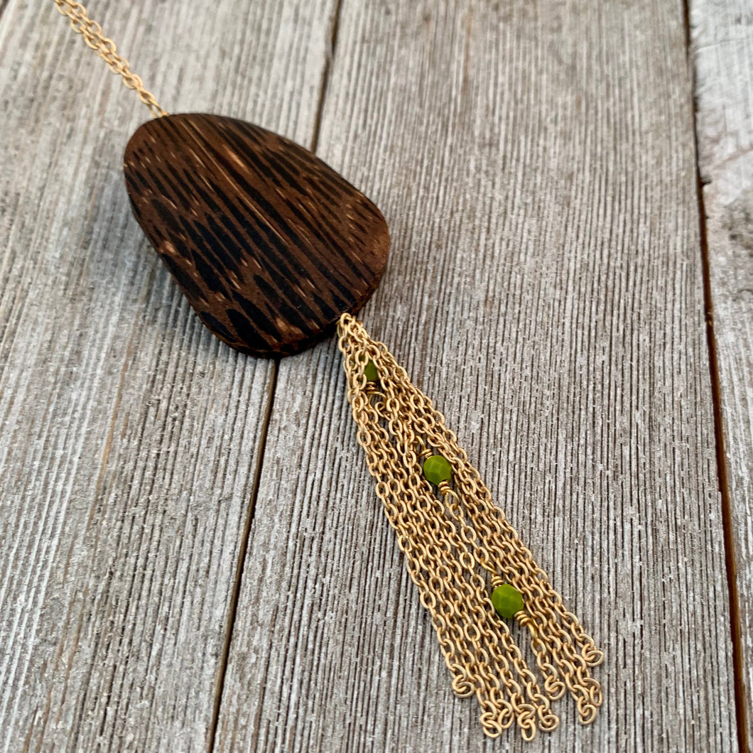 Wood and Green Long Necklace on Gold Chain