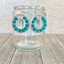 Load image into Gallery viewer, Silver Hoop Earrings with Swarovski Crystals and Matte Turquoise Czech Glass Beads
