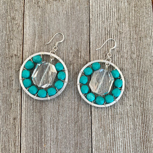 Silver Hoop Earrings with Swarovski Crystals and Matte Turquoise Czech Glass Beads