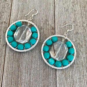 Silver Hoop Earrings with Swarovski Crystals and Matte Turquoise Czech Glass Beads