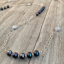 Load image into Gallery viewer, Peacock Freshwater Pearls / Blue Lace Agate / Crystal / Purple Long Chain Necklace

