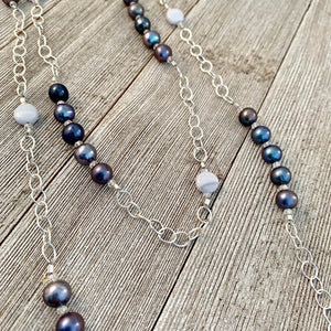 Peacock Freshwater Pearls / Blue Lace Agate / Crystal / Purple Long Chain Necklace