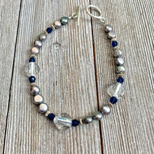 Load image into Gallery viewer, Grey Button Freshwater Pearls, Dark Sapphire Swarovski Crystals, Crystal Colored Fine Czech Glass, Sterling Silver Bracelet
