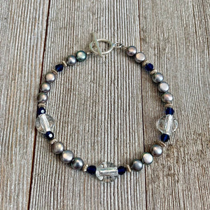 Grey Button Freshwater Pearls, Dark Sapphire Swarovski Crystals, Crystal Colored Fine Czech Glass, Sterling Silver Bracelet
