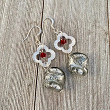 Load image into Gallery viewer, Twisted Czech Glass / Brushed Silver Flower Link / Siam Swarovski Crystal / Dangle Earrings
