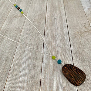 Long Chain Necklace / Old Palmwood Pendant / Olive Green Czech Glass / Teal Crystals