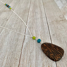 Load image into Gallery viewer, Long Chain Necklace / Old Palmwood Pendant / Olive Green Czech Glass / Teal Crystals
