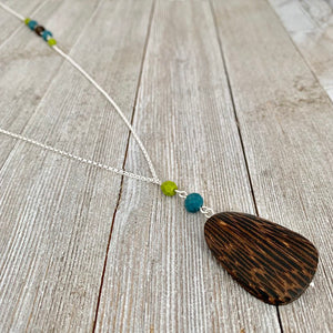 Long Chain Necklace / Old Palmwood Pendant / Olive Green Czech Glass / Teal Crystals