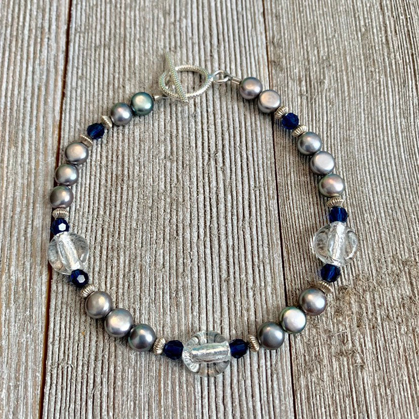 Grey Button Freshwater Pearls, Dark Sapphire Swarovski Crystals, Crystal Colored Fine Czech Glass, Sterling Silver Bracelet
