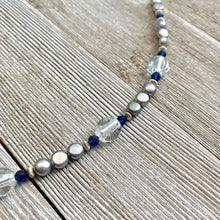 Load image into Gallery viewer, Grey Button Freshwater Pearls, Dark Sapphire Swarovski Crystals, Crystal Colored Fine Czech Glass, Sterling Silver Bracelet
