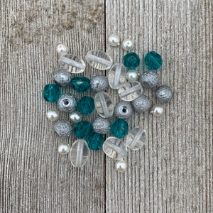 DIY Bracelet Kit with Instructions, Teal Glass, Grey Textured Glass Beads, DIY Craft Kit, For Adults