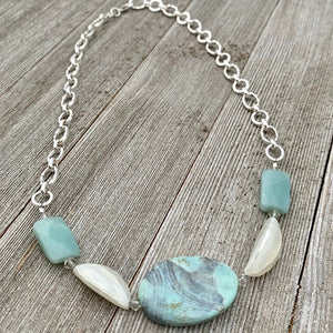 Terra Agate, White Shell, Amazonite, and Swarovski Crystal Necklace, semi precious beads, gift