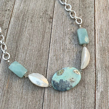 Load image into Gallery viewer, Terra Agate, White Shell, Amazonite, and Swarovski Crystal Necklace, semi precious beads, gift
