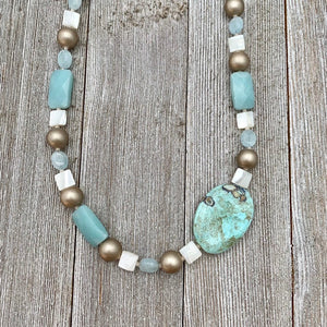 Terra Agate / Mother of Pearl / Amazonite / Aquamarine / Metallic Wood Necklace