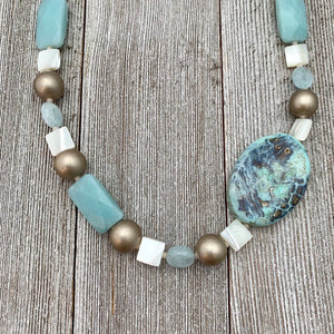 Terra Agate / Mother of Pearl / Amazonite / Aquamarine / Metallic Wood Necklace
