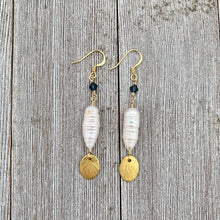 Load image into Gallery viewer, Brushed Gold Oval / White Biwa Pearl / Montana Blue Swarovski Crystal Earrings
