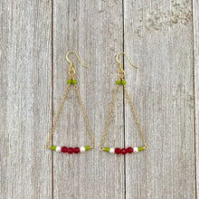 Load image into Gallery viewer, Red Quartz / White Swarovski Pearl / Olive Green Czech Glass / Gold Chandelier Earrings
